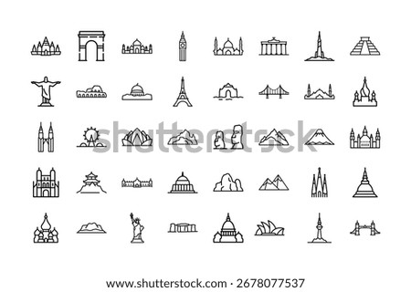 Global Landmarks Outline Vector Icons and Famous World Monuments, Architecture, and Travel Symbol Set.