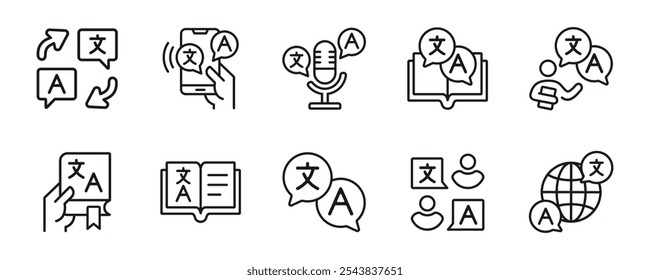 idioma global ícone traduzir definir comunicação internacional ferramenta de tradução dicionário online serviço outline sinais vetor ilustração