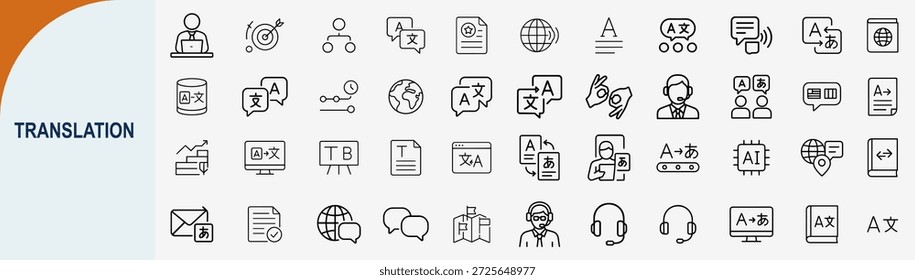 Conjunto de iconos de línea delgada de traducción de idiomas globales y comunicación multilingüe profesional