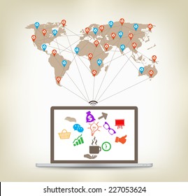 Global laptop communication concept stock