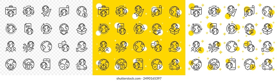 Global law, translate language, Outsource business. World business line icons. International organization, financial transactions, world map icons. Delivery service, global outsource. Vector