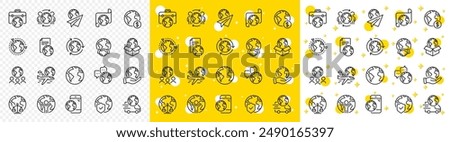 Global law, translate language, Outsource business. World business line icons. International organization, financial transactions, world map icons. Delivery service, global outsource. Vector