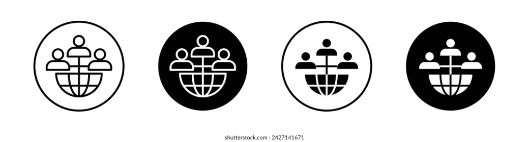 Conjunto de iconos de liderazgo global. Símbolo del vector de la cumbre del inversor internacional en un estilo negro lleno y perfilado. Signo del Equipo de Orientación Visionaria del Proyecto Global.