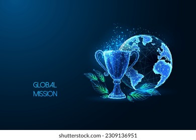 Liderazgo global, misión internacional, concepto futurista de desarrollo sostenible con trofeo y globo terrestre en un brillante estilo poligonal bajo con fondo azul. Ilustración del vector de diseño abstracto.