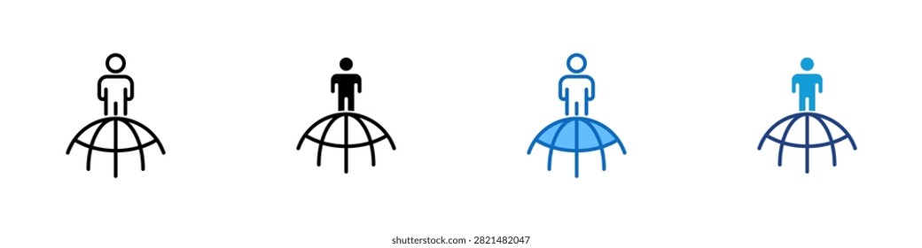 Global Leadership Multiple Style Icon Design Vector - Person standing atop globe representing global leadership, worldwide business presence, and international authority in management