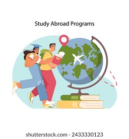 Global learning adventure. Eager international students with globe map and flying plane, symbolizing the exciting opportunities of study abroad programs. Education possibilities. Flat vector