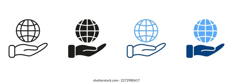 Global Learning, Distance Education, Online Courses Symbol. International Education Silhouette and Line Icon Set. Hand Holds Earth Color Sign Collection. Isolated Vector Illustration.