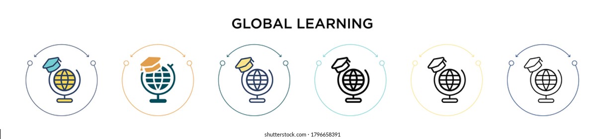 Icono de aprendizaje global en estilo relleno, delgado, contorno y trazo. Ilustración vectorial de dos diseños de iconos de vectores de aprendizaje global de color y negro para móviles, ui, web