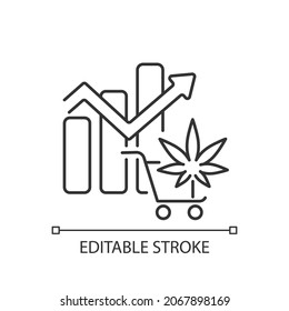 Global legal marijuana market linear icon. Spikes in cannabis consumption. Increased revenue. Thin line customizable illustration. Contour symbol. Vector isolated outline drawing. Editable stroke