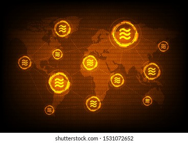 Global libra coin crypto currency, blockchain Technology world map