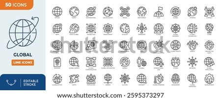 Global line editable icon set. Containing globe, world, networking, globalization, internet, connection, worldwide and more. Vector illustration