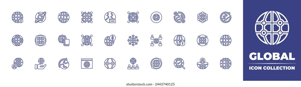 Global line icon collection. Editable stroke. Vector illustration. Containing global shipping, global services, expansion, internet, network, global, marketing, investment, diversity, world.