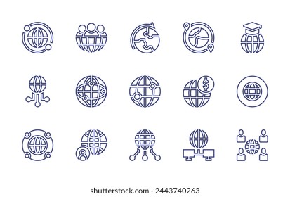 Global line icon set. Editable stroke. Vector illustration. Containing global shipping, world, travel, global network, network, marketing, investment, diversity, global server, internet.