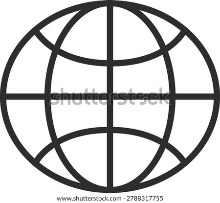 Global line icon showing a planet earth globe with longitude and latitude grid lines.