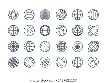 Globale Liniensymbole Kollektion. Liniensymbole für die Gestaltung von Websites. Diese enthalten weltweit, global, Web, globale Versand, Dienstleistungen, Erweiterung, Internet, Welt, Reise, globales Netzwerk. Vektorillustration. 