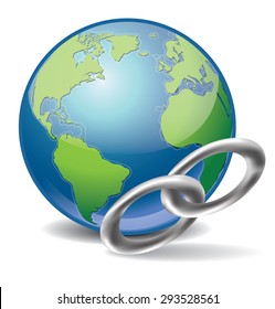 Global link or social network  icon. Vector  illustration of Earth with a chain, isolated on white background. 3d design style