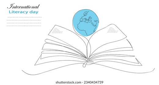 Global Literacy Day. Continuous one line art for congratulation cards, banners and flyers.