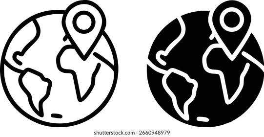 Conjunto de iconos de Locación global: símbolo de pin de mapa mundial en blanco y negro para viajes, navegación y GPS