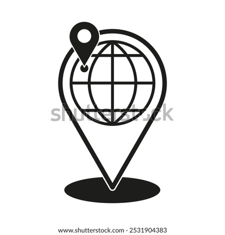 Global location icon. World map pin. Vector globe marker. Geographical position symbol.