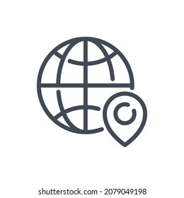 Global location line icon. Planet with pin vector outline sign.