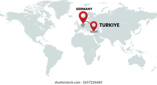 Global Location Map with Germany and Turkey, Dotted Line Travel Path Icon for International Business, Global Trade, and Worldwide Travel Routes