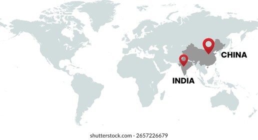 Global Location Map with India and China, Dotted Line Travel Path Icon for International Business, Global Trade, and Worldwide Travel Routes