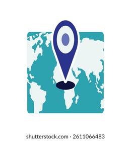 Global Location Marker on World Map Icon, Simple, flat icon of a world map with a blue location marker.