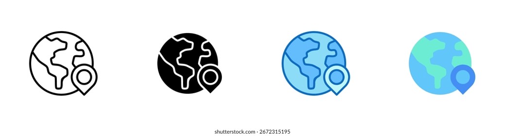 Global Location Multiple Style Icon Sheet Design Vector - Globe with location pin, symbolizing international or regional office locations