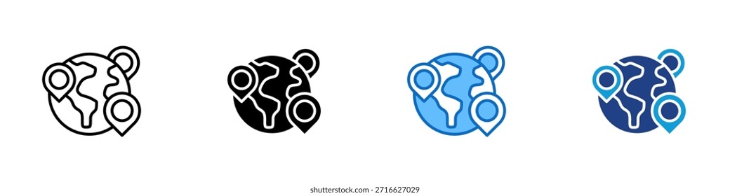 Vector de diseño de íconos de estilo múltiple de Locación global: globo con varios pines que representan ubicaciones en todo el mundo, viajes globales o mapeo internacional