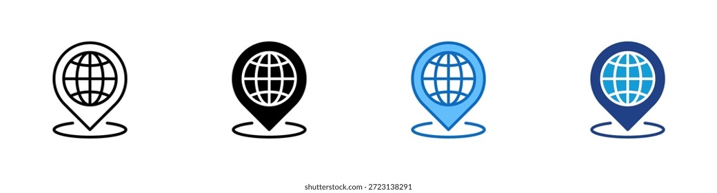 Localização global Vetor de design de ícone de estilo múltiplo - pin de localização com um globo dentro, simbolizando presença mundial, acesso global ou alcance internacional