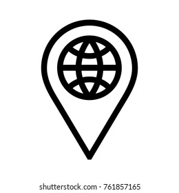 Global location pin flat icon. Globe linear vector illustration as international symbol. Isolated on white background.