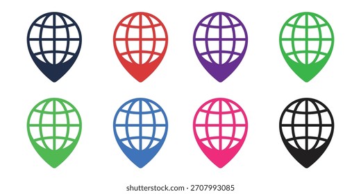 Conjunto de iconos de pin de Locación global | Vector de puntero de mapa mundial para Sitio web, viajes y negocios internacionales