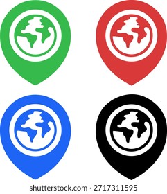 localização global pin ícone conjunto, ponteiro colorido do mapa com símbolo do globo, ilustração vetor plana