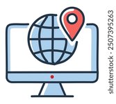 Global location pin on computer monitor. Illustration of a computer monitor with a globe and a location pin on the screen, representing global reach or online presence.