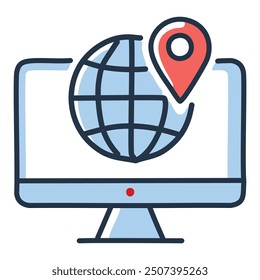 Global location pin on computer monitor. Illustration of a computer monitor with a globe and a location pin on the screen, representing global reach or online presence.