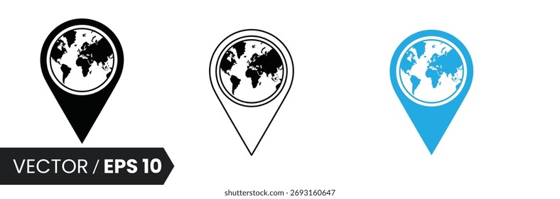 Global location pin with world map inside, modern icon design for travel,World map location pin icon set isolated on white background