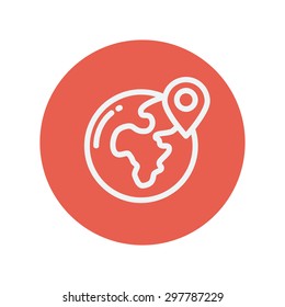 Global With Locator Thin Line Icon For Web And Mobile Minimalistic Flat Design. Vector White Icon Inside The Red Circle