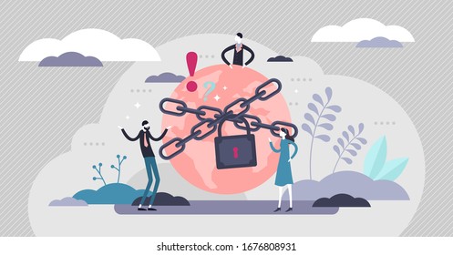 Global lockdown vector illustration. Closed borders in flat tiny persons concept. Viral corona virus quarantine situation with epidemic outbreak contamination. Scene with chained earth and padlock.