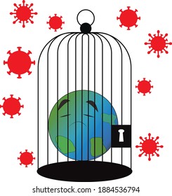 Global lockdown vector illustration. Earth lockdown . Worldwide lockdown illustration. Earth locked inside birdcage