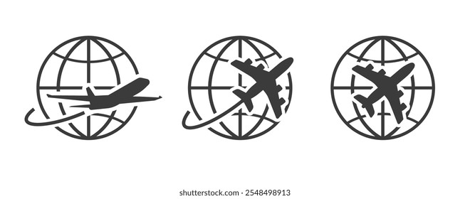 Global logistic air plane travel worldwide icon vector simple graphic logo illustration set as flight around world globe line stroke pictogram sign symbol, international airplane delivery tour service