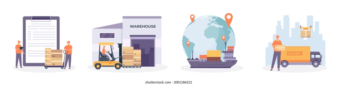 Global logistic chain. International supply, distribution, warehouse, transportation delivery network. Import and export vector. Illustration global network logistic, distribution of transportation