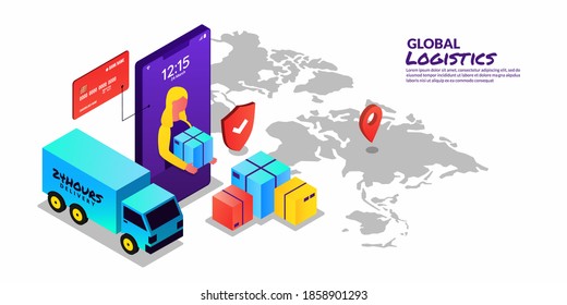 Global logistic concept, online delivery service in sometric design