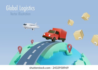 Global logistic delivery and distribution. Driving truck on road and airplane over world deliver shipment box to customer. 3D vector created from graphic software.