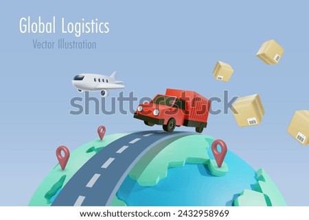 Global logistic delivery and distribution. Driving truck on road and airplane over world deliver shipment box to customer. 3D vector created from graphic software.