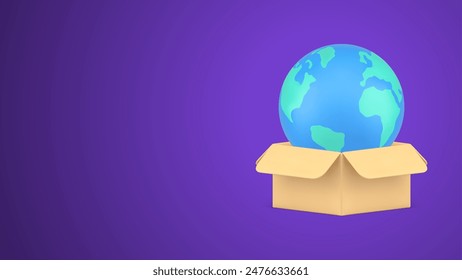 Global logistic delivery service online shopping parcel worldwide transportation 3d icon vector illustration. International cargo postal shipment open cardboard box with globe Earth planet