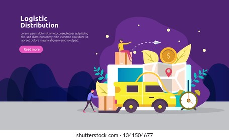 global logistic distribution service illustration concept. delivery worldwide import export shipping banner with people character for web landing page, presentation, social, poster or print media