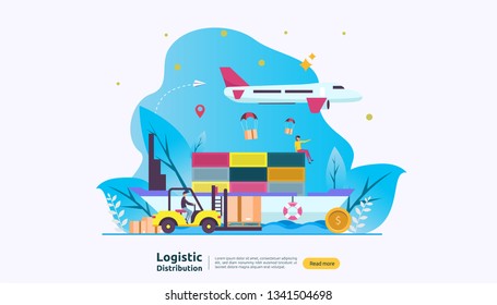 global logistic distribution service illustration concept. delivery worldwide import export shipping banner with people character for web landing page, presentation, social, poster or print media