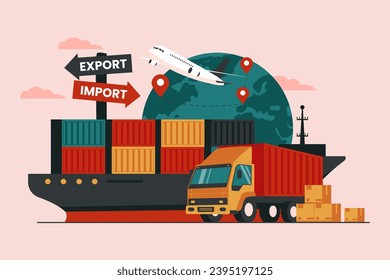 Global logistic distribution service illustration concept. Cargo export and import logistics business concept. Vector flat illustration