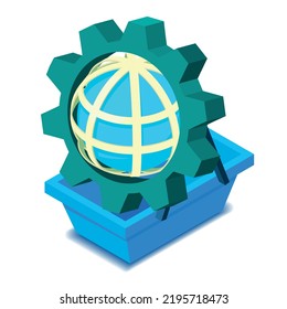 Global Logistic Icon Isometric Vector. Globe Grid Inside Cogwheel, Shopping Cart. World Logistic, Ecommerce, Business, Globalization