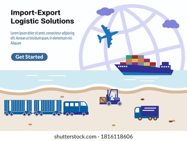 Global logistic industry, import-export website landing page.  Seashore scenery with cargo train, containers on freight vessel, forklift, truck on the beach and air freighter in clear sky illustration